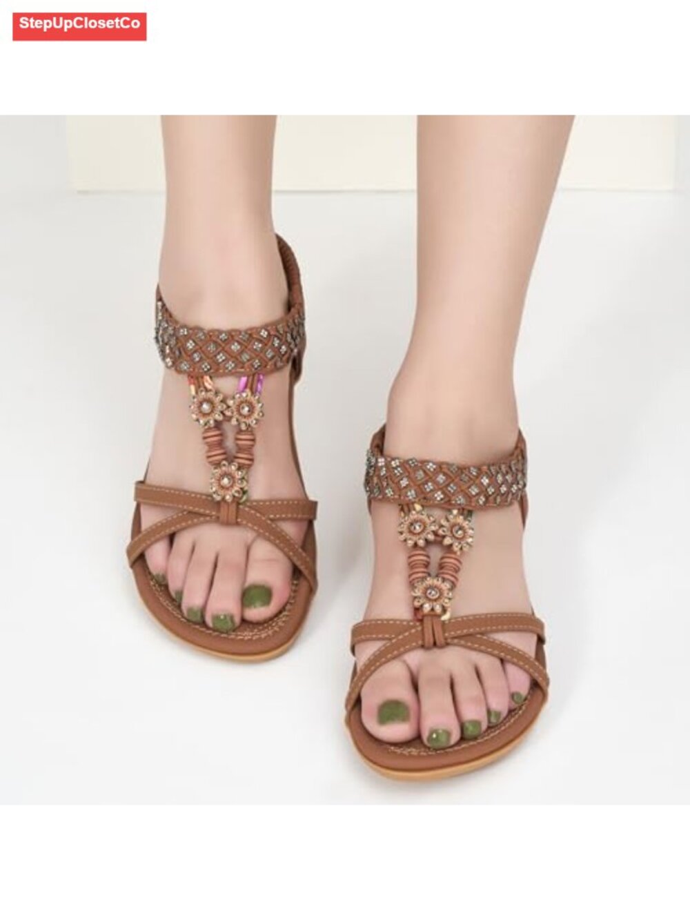 Bohemian Beaded Sandals with Ankle Elastic Strap - Comfort Flat Sandals Women - Picture 5 of 6